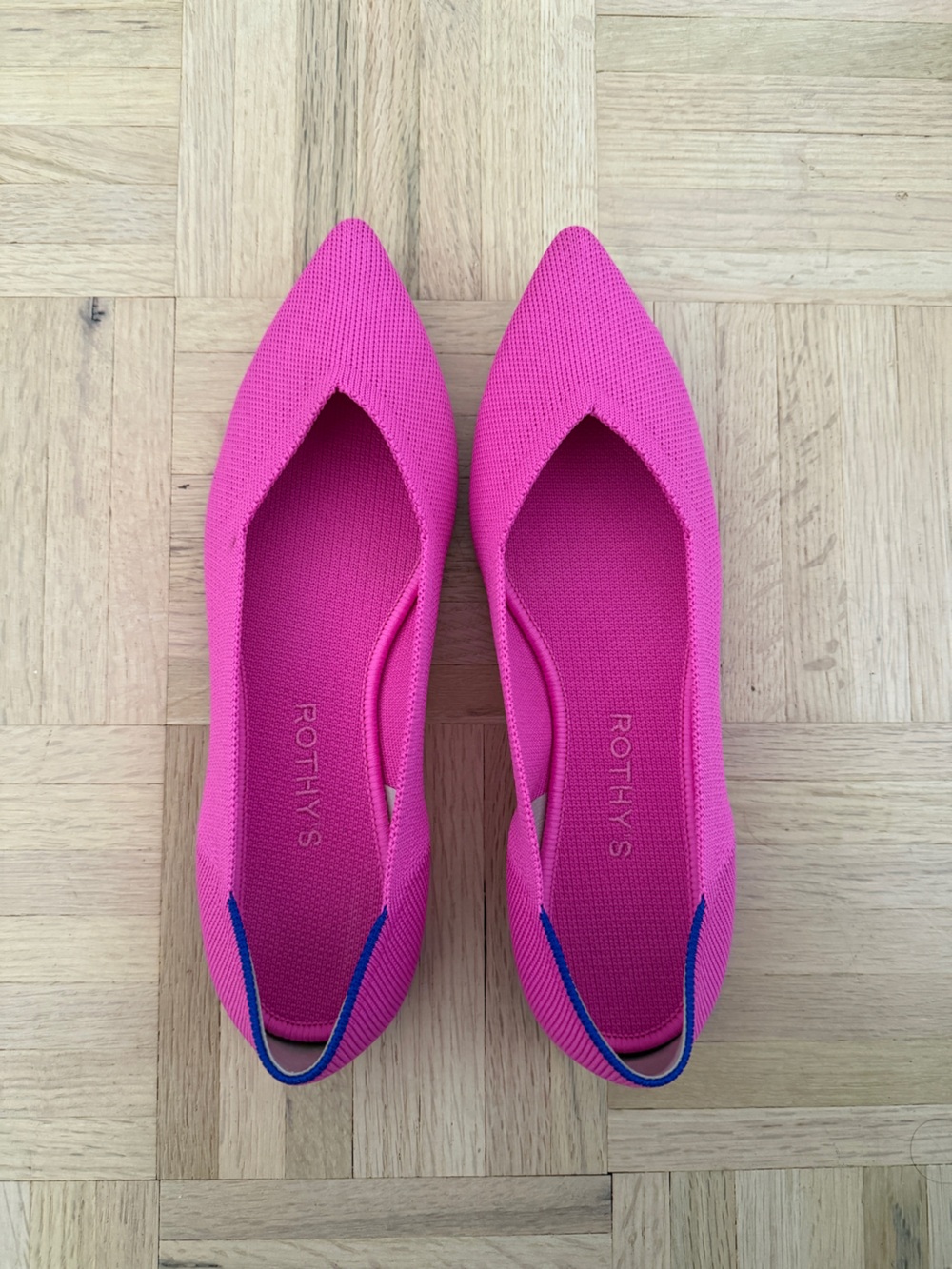 Rothy's Pointed Toe Flats in Hot Pink with Blue Heel Tab